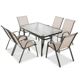Zestaw Mebli Ogrodowych Bistro ( Stół + 6 Krzeseł ) - Czarny Stelaż, Beżowe Obicie