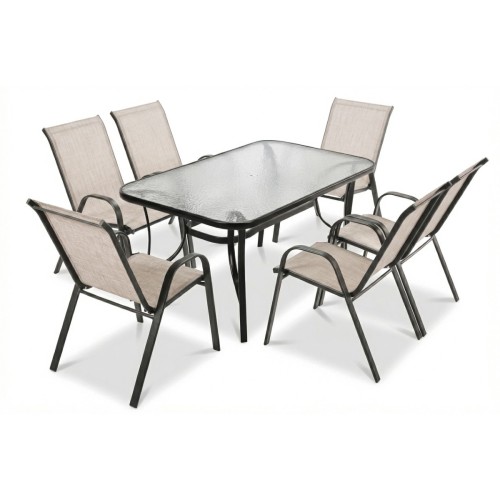 Zestaw czarno-beżowych mebli ogrodowych Bistro. Stół i 6 krzeseł na białym tle - ujęcie nr 3