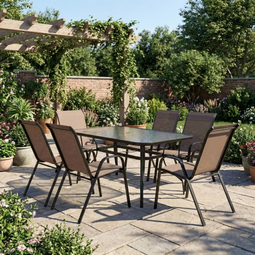 Zestaw czarno-brązowych mebli ogrodowych Bistro. Stół i 6 krzeseł w ogrodzie - ujęcie nr 2