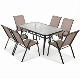 Zestaw Mebli Ogrodowych Bistro ( Stół + 6 Krzeseł ) - Czarny Stelaż, Brązowe Obicie