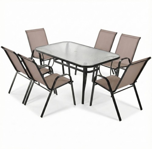 Zestaw czarno-brązowych mebli ogrodowych Bistro. Stół i 6 krzeseł na białym tle - ujęcie nr 1