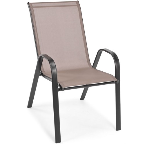 Czarno-brązowe krzesło ogrodowe, posiada metalową ramę w czarnym kolorze oraz siedzisko i oparcie wykonane z siatkowego materiału, zapewniającego elastyczność i komfort - ujęcie nr 1