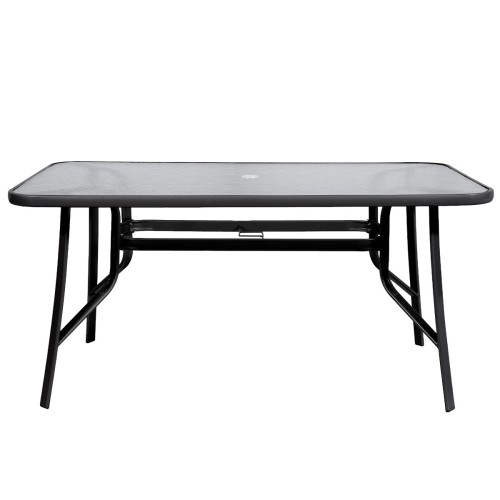 Stół ogrodowy z blatem ze szkła hartowanego i metalową ramą.