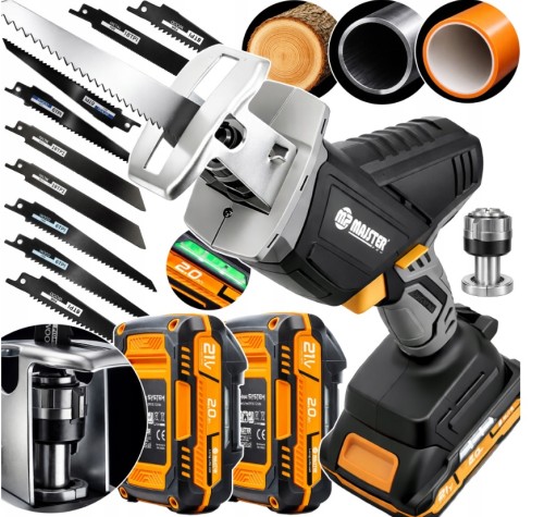 Akumulatorowa piła szablasta marki MAJSTER PRO, model MP0373 w zestawie.