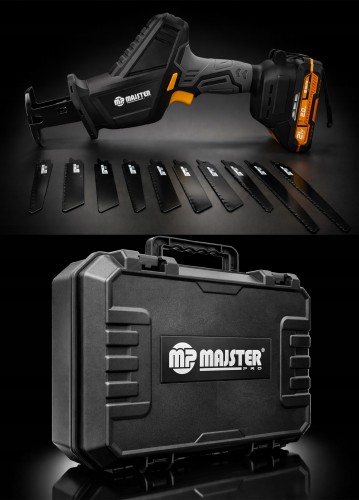 Piła szablasta z brzeszczotami i walizka na ciemnym tle.