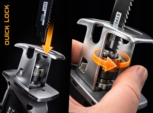 Quick Lock System bez narzędziowej wymiany brzeszczotu - nie potrzebujesz żadnych narzędzi ,aby w prosty sposób jednym ruchem kciuka wymienić ostrze.