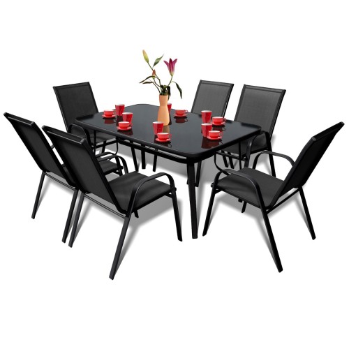 Zestaw czarnych mebli ogrodowych Bistro. Stół i 6 krzeseł na białym tle - ujęcie nr 6