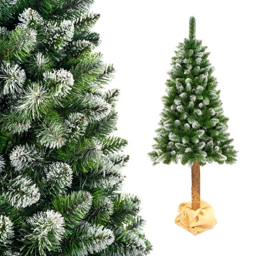 Sztuczna choinka, stylizowana na sosnę, z naturalnym pniem o wysokości 180 cm. Gałązki choinki pokryte sztucznym śniegiem i błyszczącymi drobinkami, imitującymi diamenty - ujęcie nr 5