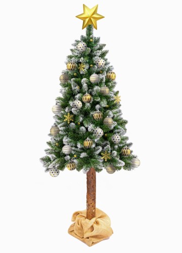 Sztuczna choinka, stylizowana na sosnę, z naturalnym pniem o wysokości 180 cm. Gałązki choinki pokryte sztucznym śniegiem i błyszczącymi drobinkami, imitującymi diamenty - ujęcie nr 2