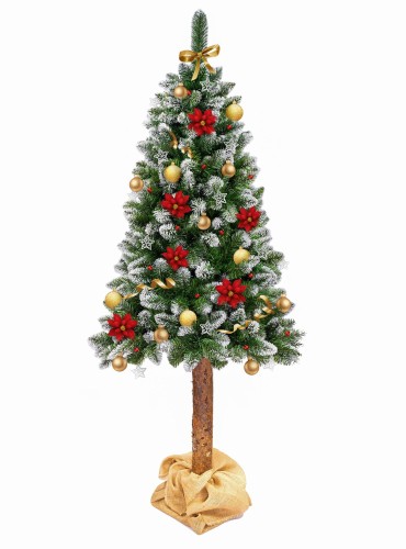 Sztuczna choinka, stylizowana na sosnę, z naturalnym pniem o wysokości 220 cm. Gałązki choinki pokryte sztucznym śniegiem i błyszczącymi drobinkami, imitującymi diamenty - ujęcie nr 1