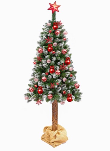 Sztuczna choinka, stylizowana na sosnę, z naturalnym pniem o wysokości 220 cm. Gałązki choinki pokryte sztucznym śniegiem i błyszczącymi drobinkami, imitującymi diamenty - ujęcie nr 3