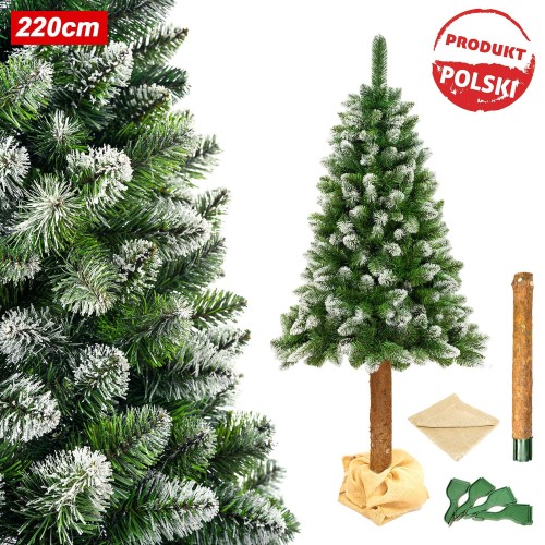 W skład zestawu wchodzi korona choinki (część z igliwiem), naturalny pień sosnowy, stojak oraz ozdobny materiał jutowy do zamaskowania podstawy.