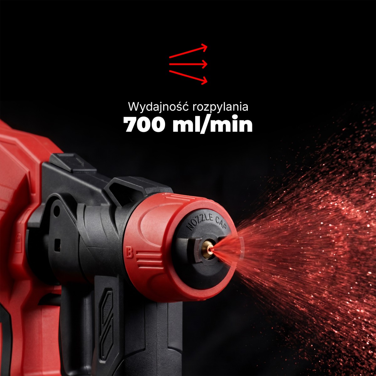 Agregat charakteryzuje się wydajnością natrysku do około 700 ml/min. Praca pistoletu przedstawiona na ciemnym tle.