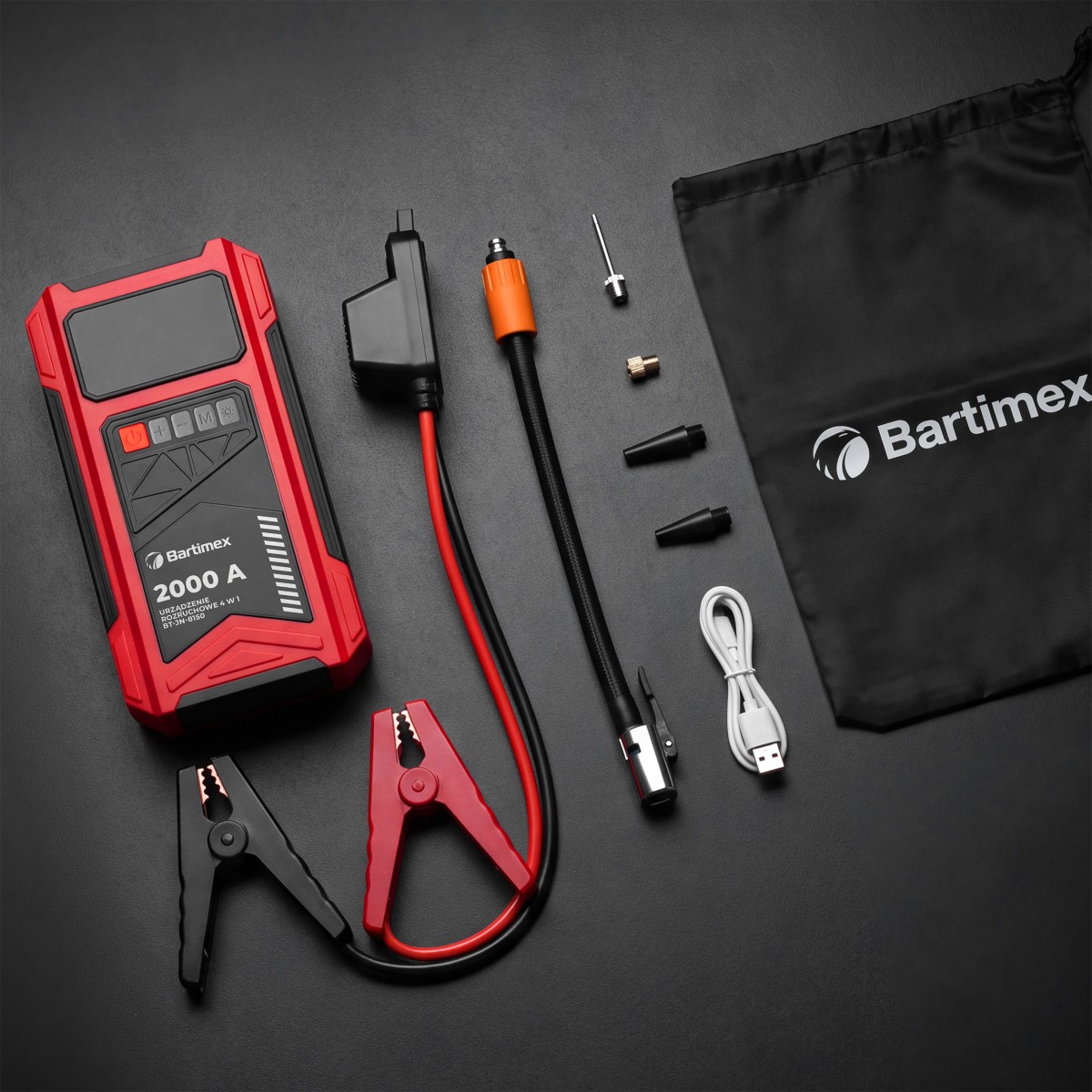 Bartimex BT-JN-8150 z kablami rozruchowymi, przewodem i końcówkami do pompowania, kablem USB, woreczkiem oraz instrukcją