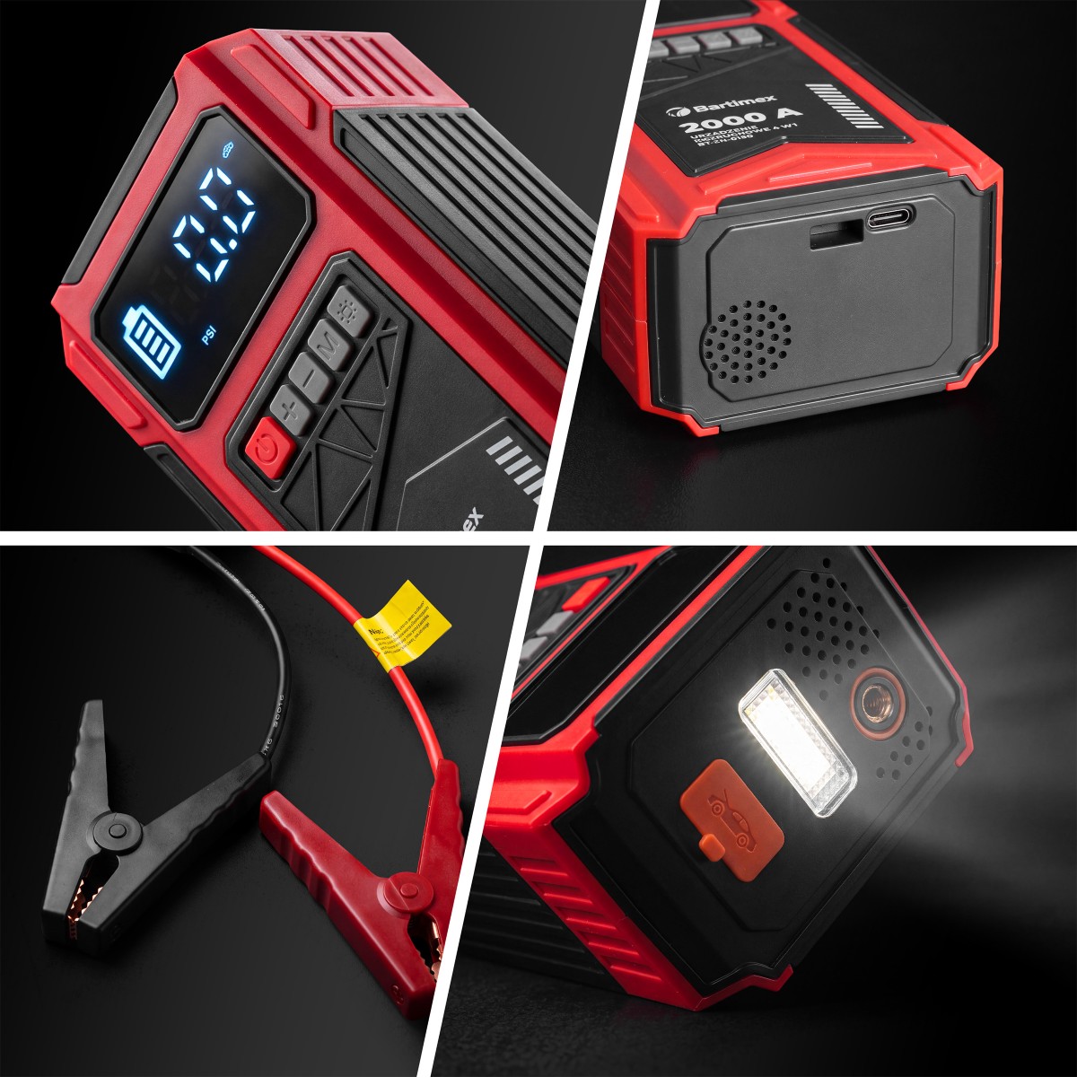 Detale BT-JN-8150: panel sterowania, porty USB, kable rozruchowe i latarka LED