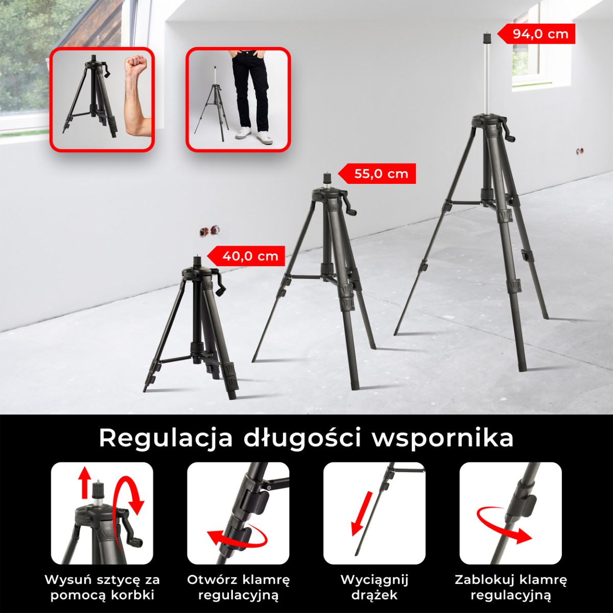 Zobrazowana instrukcja regulacji długości statywu. Statyw w trzech różnych wysokościach (40,0 cm, 55,0 cm i 94,0 cm) oraz cztery etapy jego regulacji: 1. Wysuwanie sztycy za pomocą korbki. 2. Otwieranie klamry regulacyjnej. 3. Wyciąganie drążka. 4. Blokowanie klamry regulacyjnej.