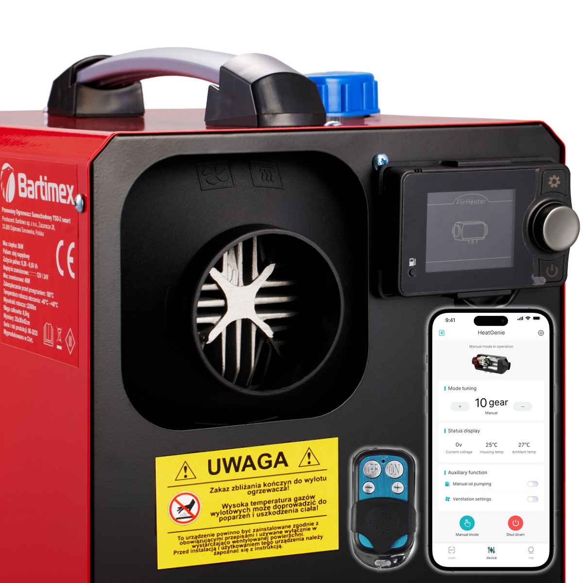 Ogrzewacz wyposażony w panel sterowania z wyświetlaczem LCD, pilot zdalnego sterowania oraz wylot gorącego powietrza z wentylatorem - ujęcie nr 1