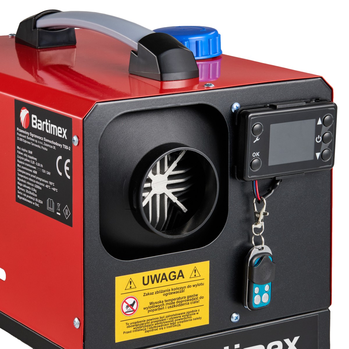 Ogrzewacz wyposażony w panel sterowania z wyświetlaczem LCD, pilot zdalnego sterowania oraz wylot gorącego powietrza z wentylatorem - ujęcie nr 1