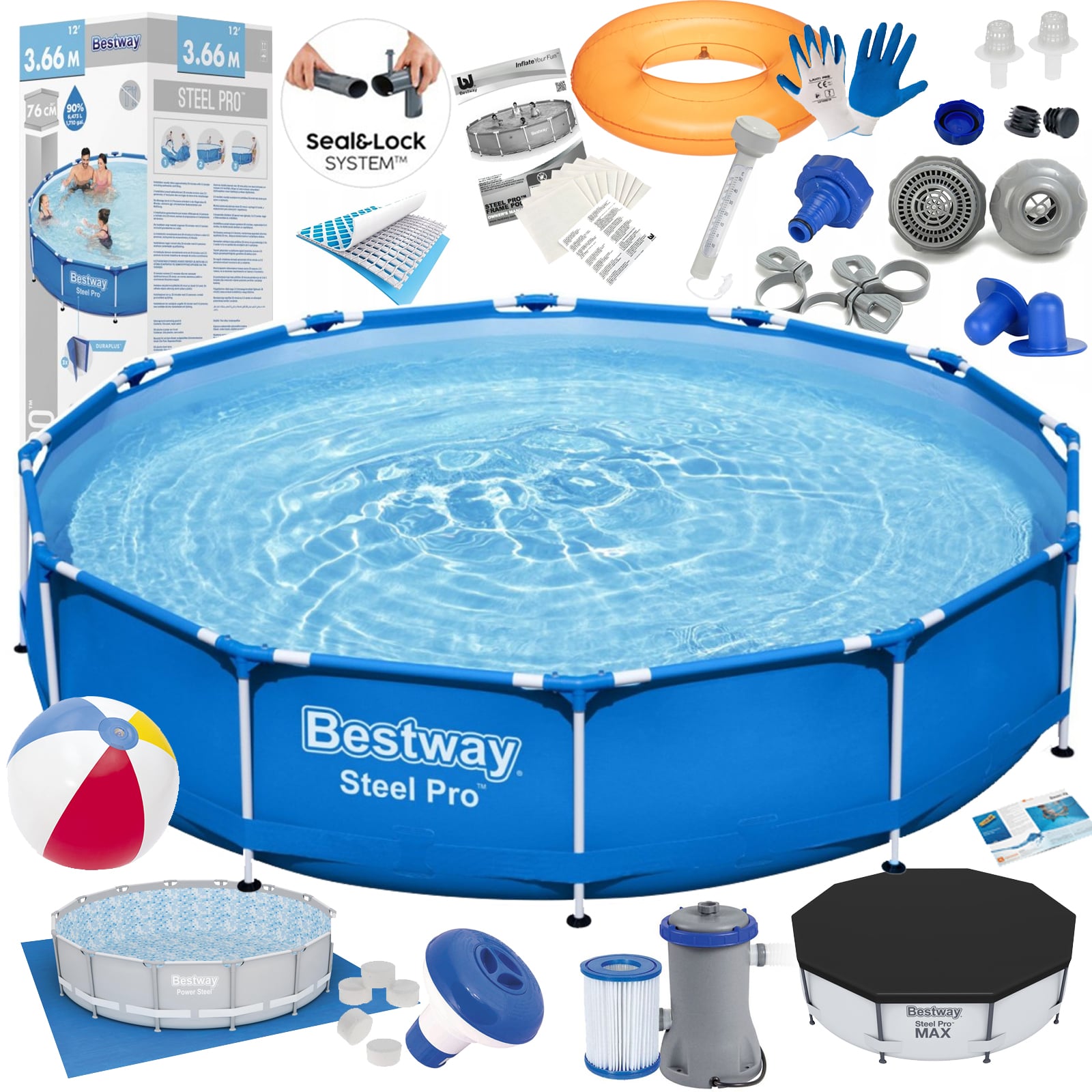 22 elementowy zestaw basenu stelażowego Steel Pro o wymiarach: 305x76cm