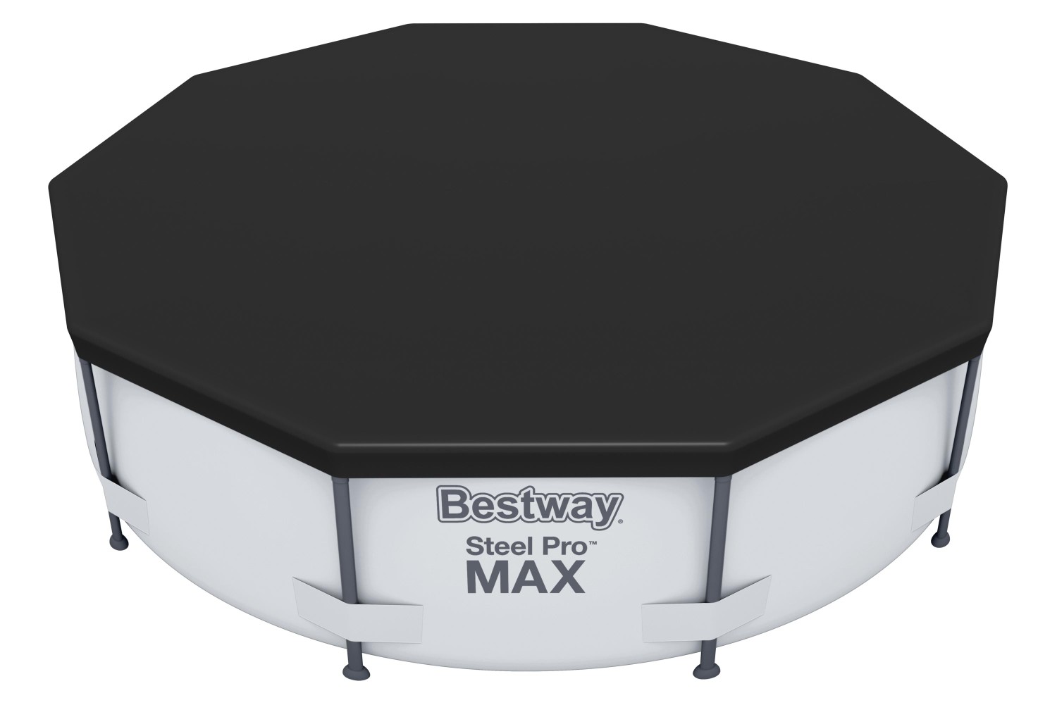 Szary basen stelażowy wypełniony wodą, zabezpieczony pokrywą basenową na białym tle.