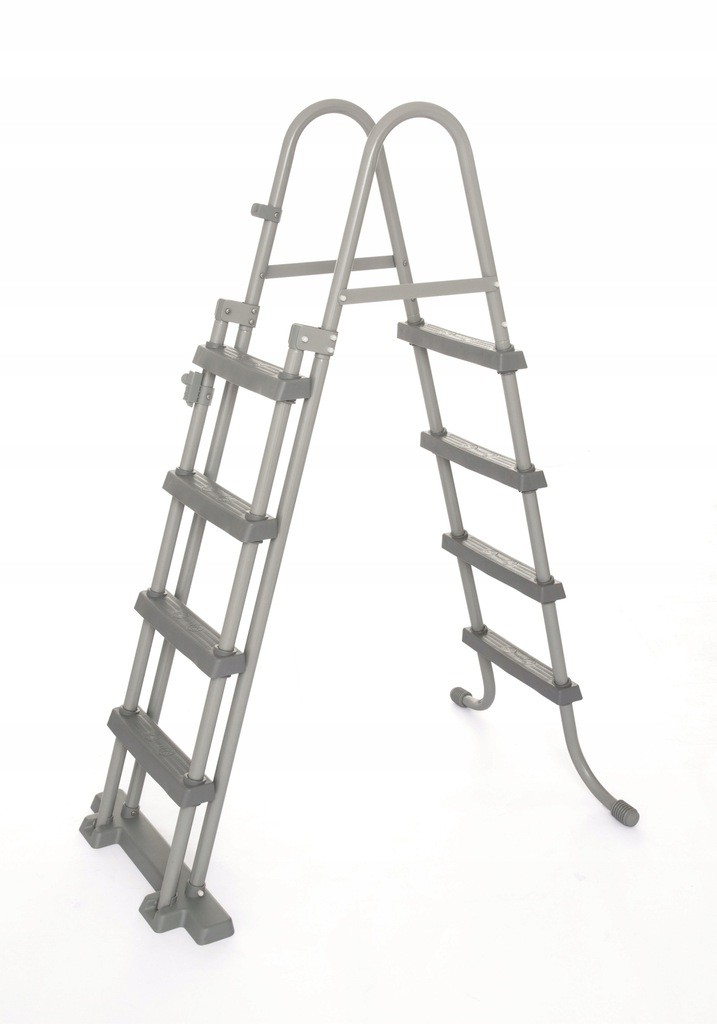 Szara, metalowa drabinka do basenu na białym tle.