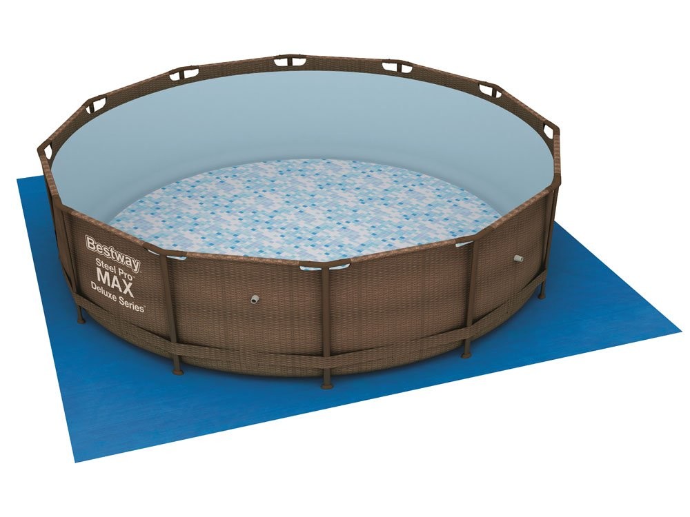 Brązowy imitujący rattan basen stelażowy, ustawiony na podkładzie basenowym na białym tle.