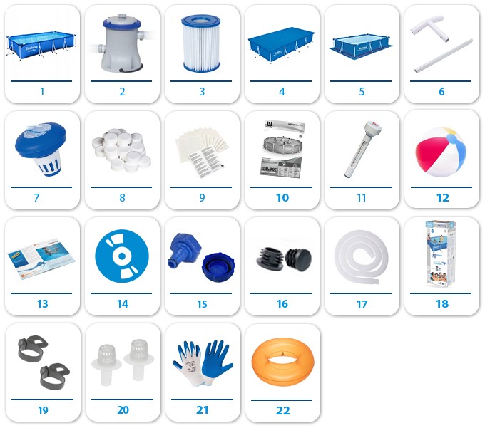 Basen. Pompa. Filtr. Pokrywa. Podkład. Stelaż. Dozownik. Chemia basenowa. Łatka naprawcza. Instrukcja obsługi. Termometr. Piłka plażowa. Kółko pływackie. Poradnik czystej wody. Zawór spustowy. Zaślepki. Węże. Zaciski. Sitko. Rękawiczki.