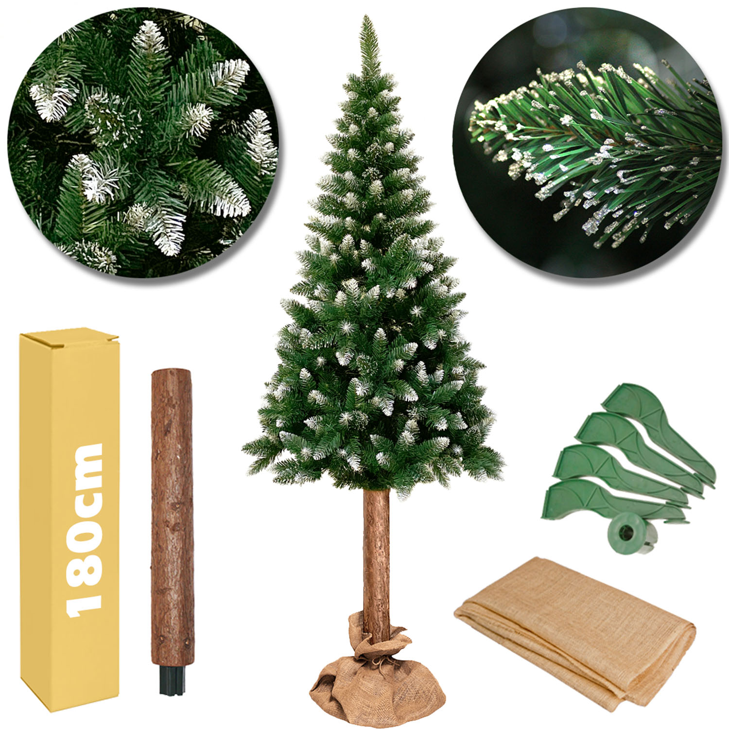 Choinka Sosna Diamentowa o wysokości 160cm na Pniu.  Gałązki zakończone diamentowymi i śnieżonymi końcówkami. Całość posadowiona na czteroramiennej, stabilnej podstawie, owiniętej  materiałem jutowym. Choinka pakowana w pudełko.