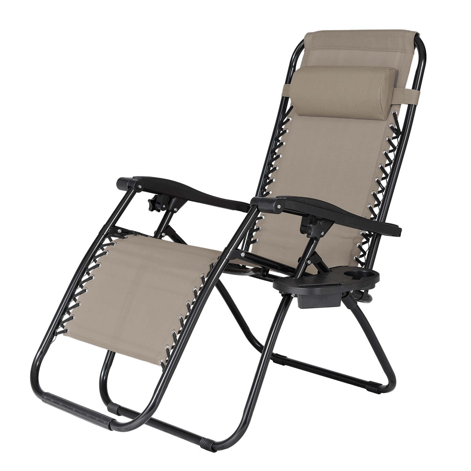 Solidna, malowana proszkowo metalowa rama, pokryta powłoką antykorozyjną. Siedzisko i oparcie z wodoodpornego i odpornego na promieniowanie UV materiału tekstylnego. Wyposażony w poduszkę pod głowę oraz uchwyt na kubek.