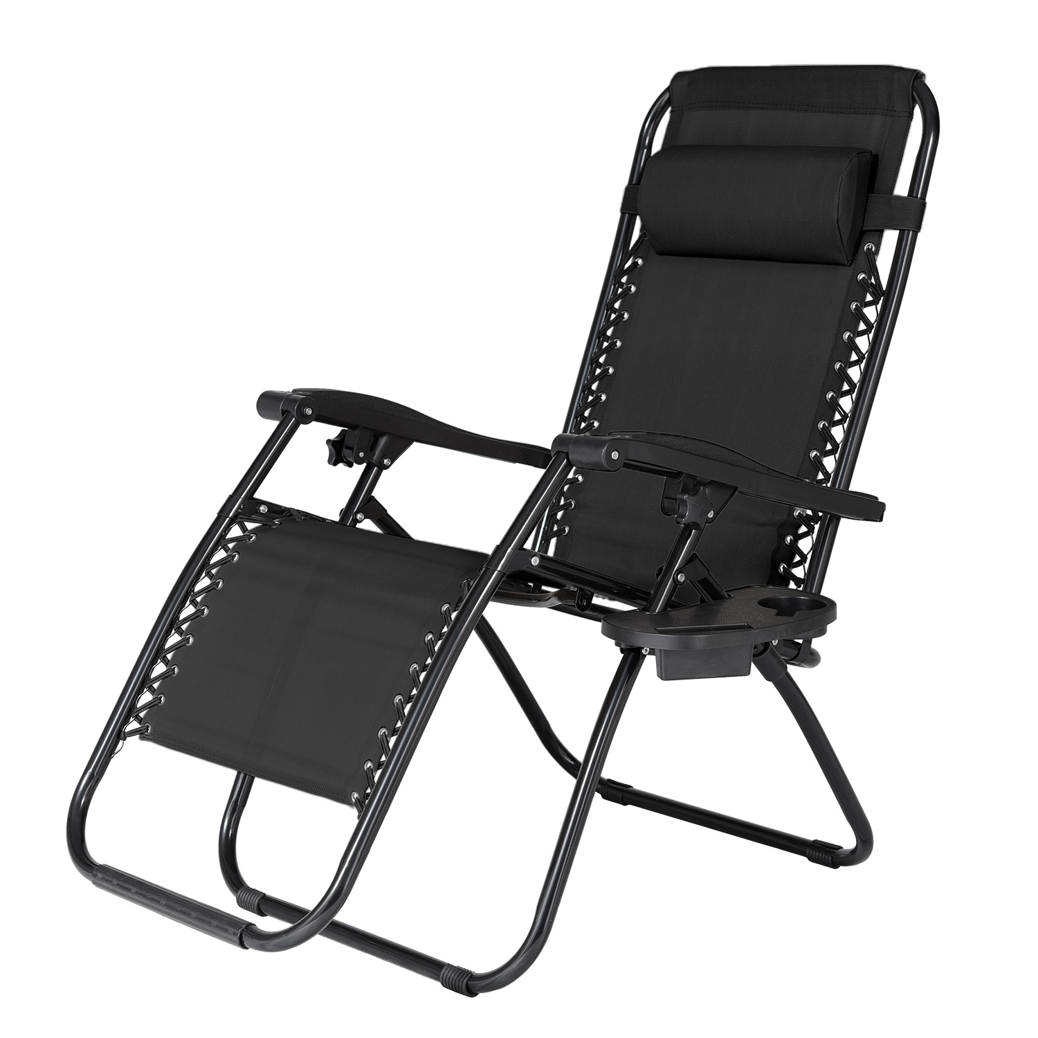 Solidna, malowana proszkowo metalowa rama, pokryta powłoką antykorozyjną. Siedzisko i oparcie z wodoodpornego i odpornego na promieniowanie UV materiału tekstylnego. Wyposażony w poduszkę pod głowę oraz uchwyt na kubek.