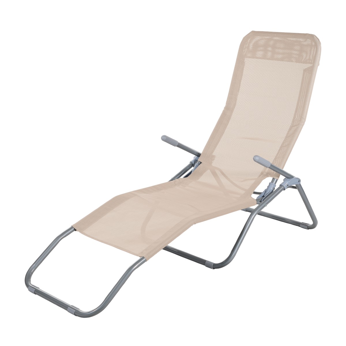 Leżak stalowy, stelaż malowany proszkowo na kolor srebrny, materiał w kolorze beżowym.