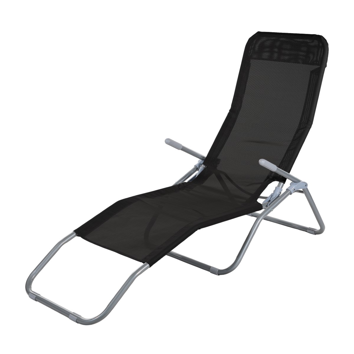 Leżak stalowy, stelaż malowany proszkowo na kolor srebrny, materiał w kolorze czarnym.