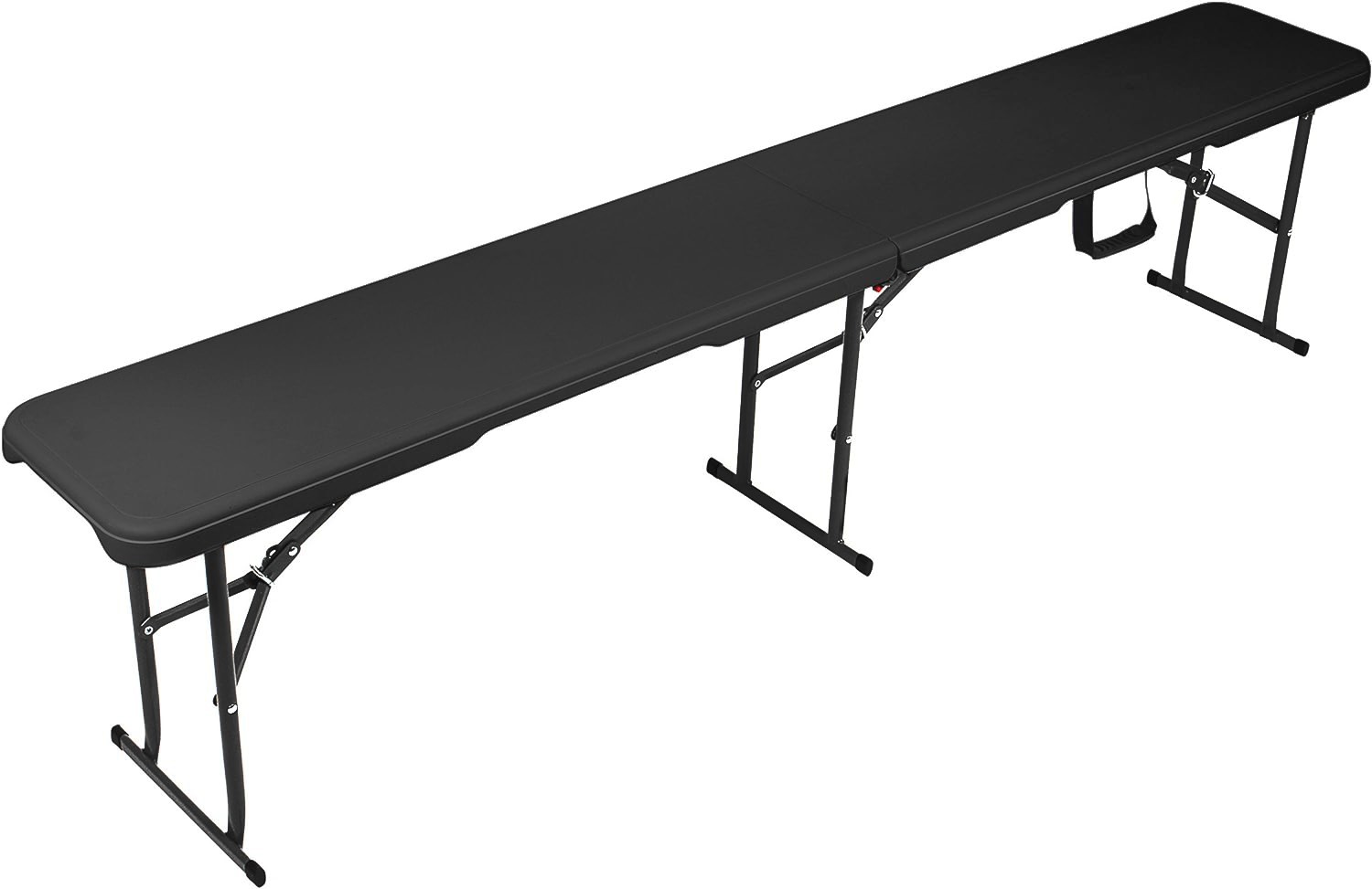 Czarna ławka w pełni rozłożona, z widocznymi metalowymi nogami i zawiasami umożliwiającymi jej złożenie.