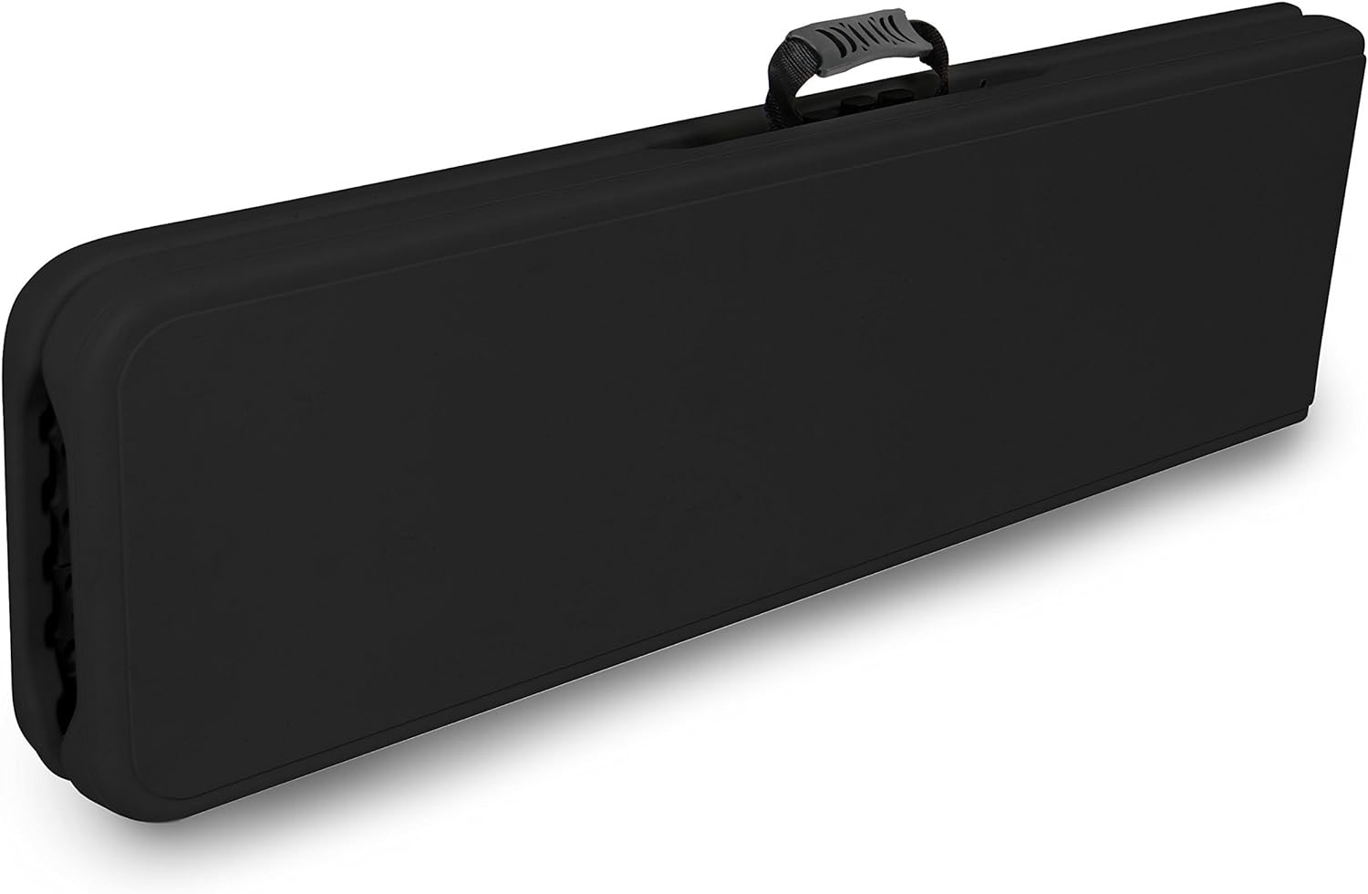 Czarna ławka w stanie złożonym, przyjmująca formę kompaktowej walizki z uchwytem do przenoszenia.