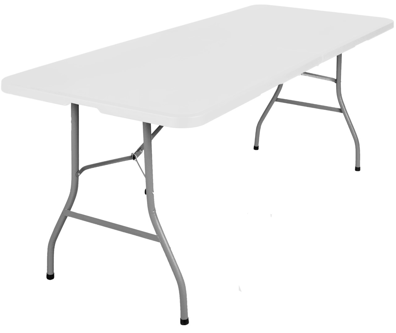 Stół cateringowy składany, nogi w kolorze szarym, blat w kolorze białym. 