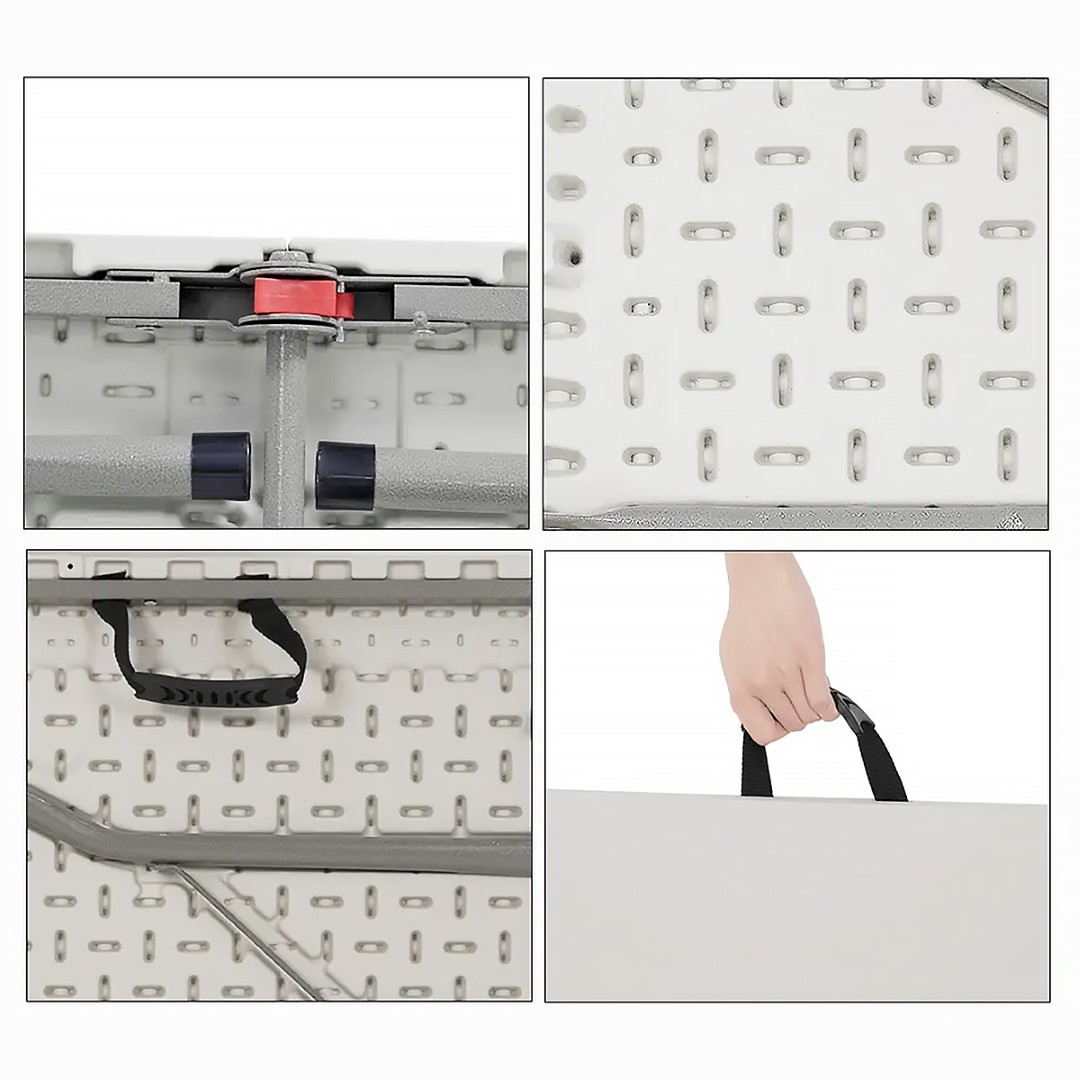 Konstrukcja posiada dodatkowe wzmocnienia oraz zabezpieczenie przed niekontrolowanym złożeniem stołu. Nogi wyposażone w gumowe nakładki. 