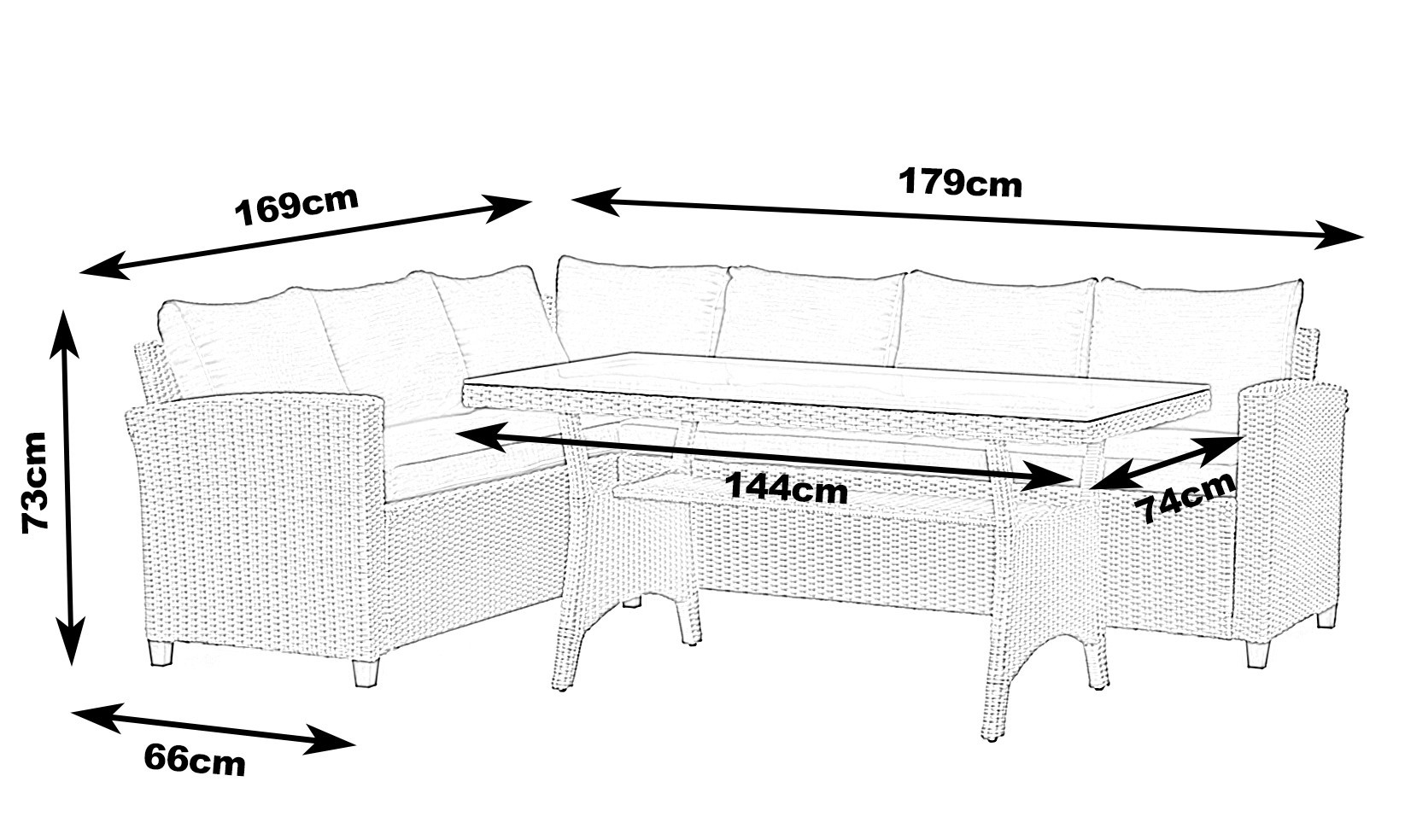Wymiary Zestawu Sztokholm: większa Sofa: 179x66x73cm,  mniejsza Sofa: 169x66x73cm, stół: 144x74x67cm (szer. x gł. x wys.)