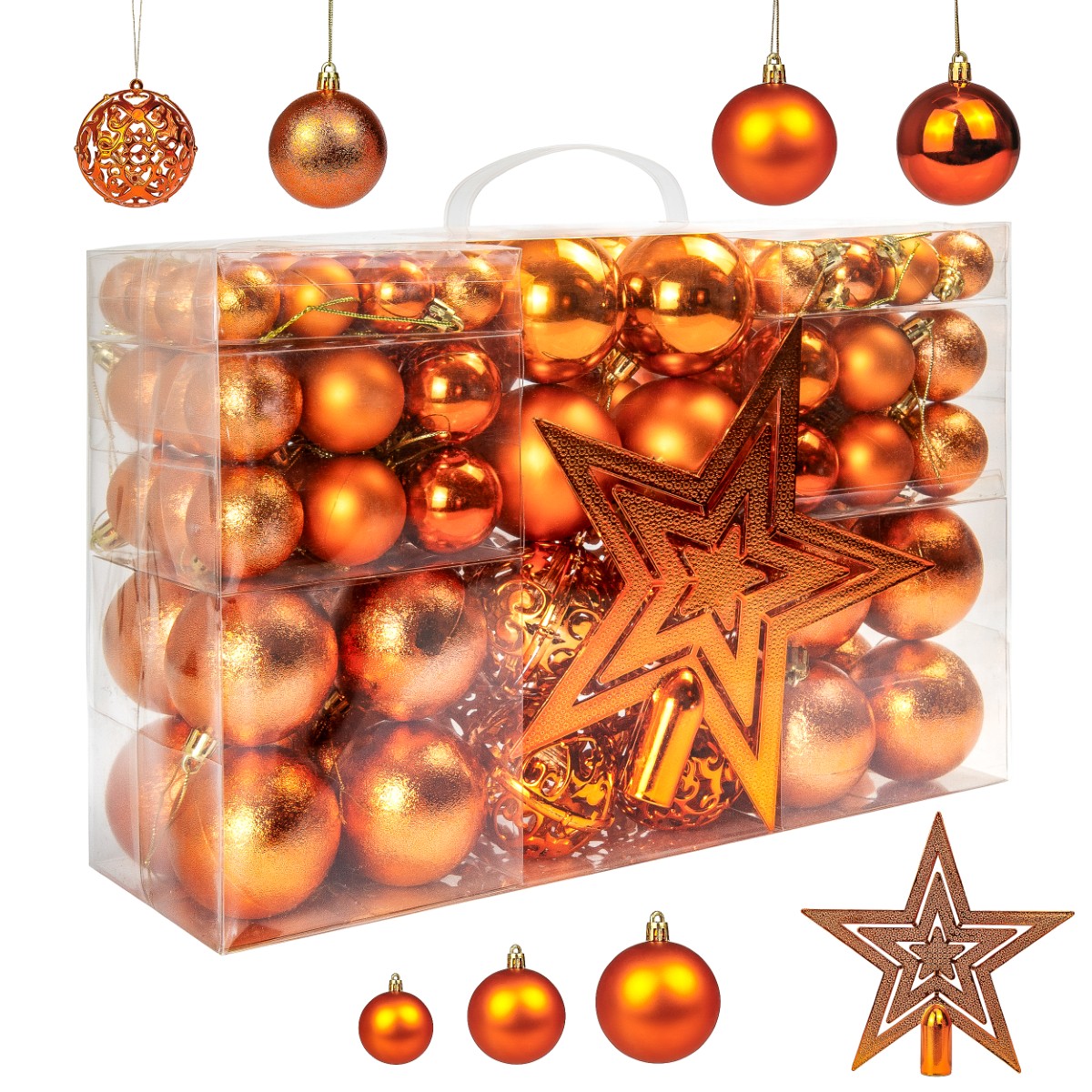 Bombki Choinkowe Nietłukące 6/4/3 cm. Zestaw Ozdób 101w1 - pomarańczowe. Zapakowane w plastikowe, przezroczyste pudełko.