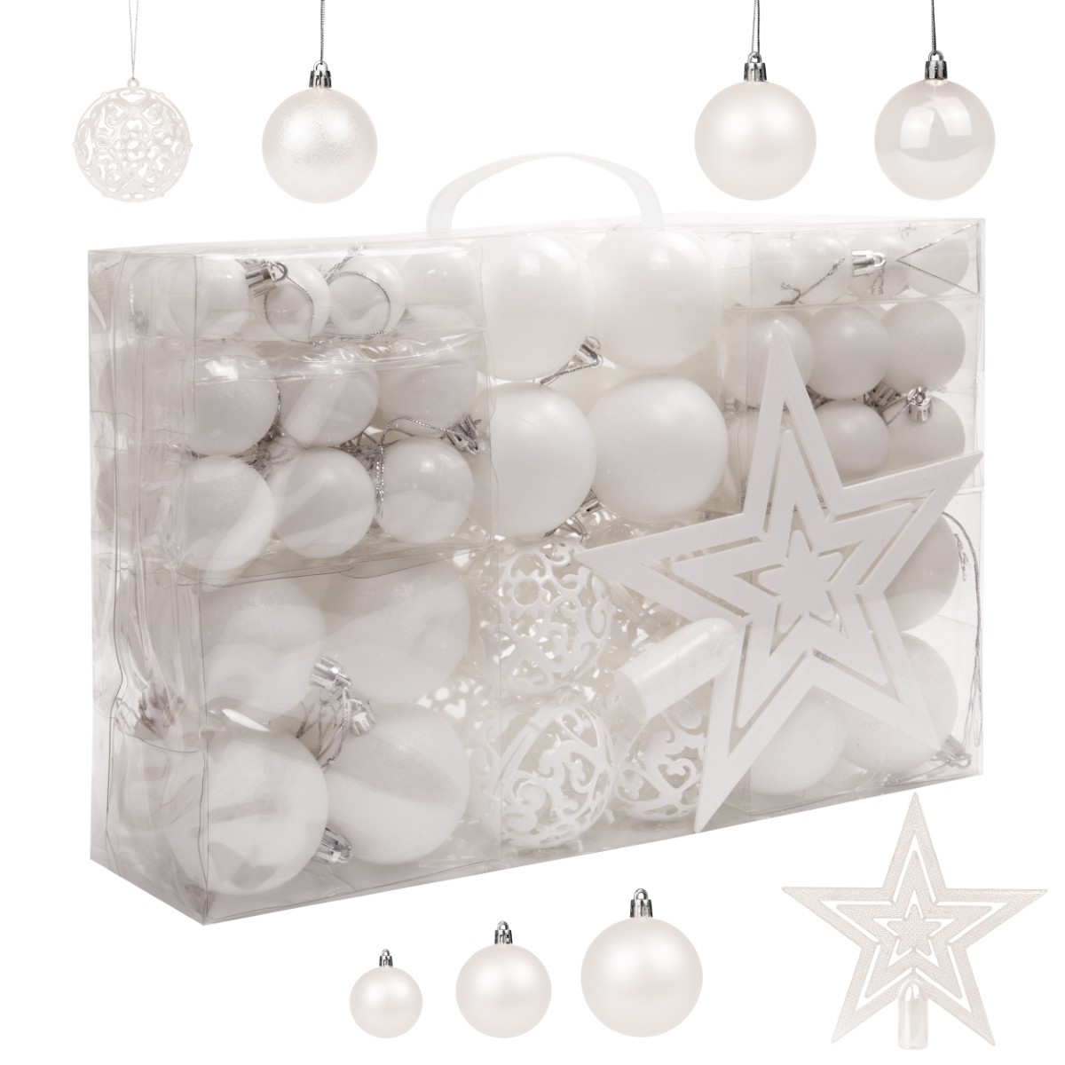 Bombki Choinkowe Nietłukące 6/4/3 cm. Zestaw Ozdób 101w1 - białe. Zapakowane w plastikowe, przezroczyste pudełko.