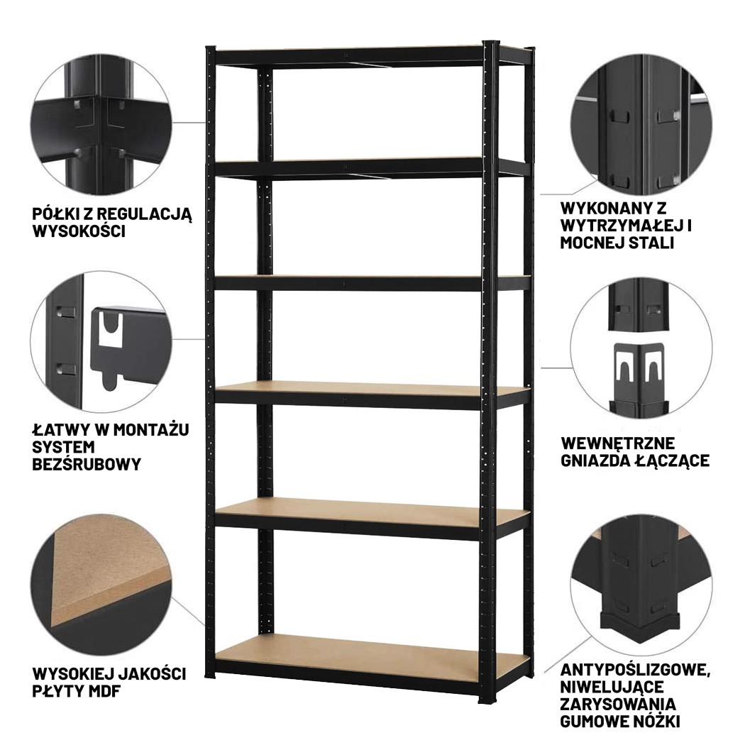 Regał posiada: 6 półek z MDF z możliwością regulacji wysokości, metalowe, malowane profile konstrukcyjne, nakładki na nogi, które nie rysują podłogi i zapewniają lepszą stabilność oraz wewnętrzne gniazdka łączące.