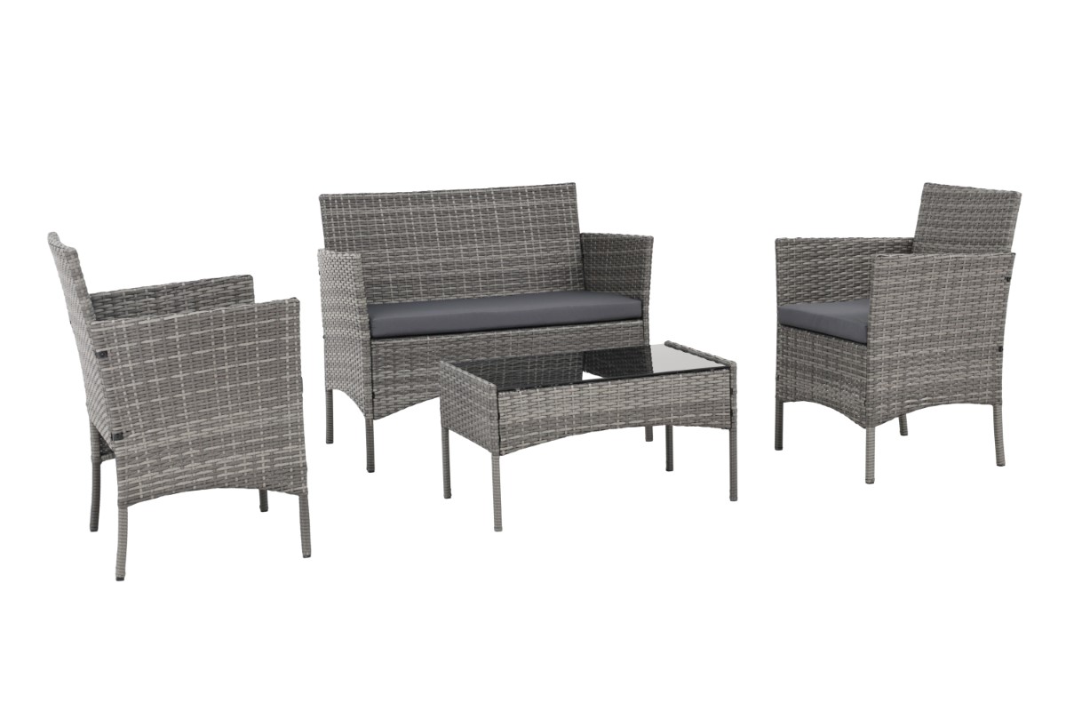 Komplet mebli Madera składający się z dwuosobowej sofy, dwóch foteli oraz stolika z blatem z hartowanego szkła, na białym tle - ujęcie nr 1