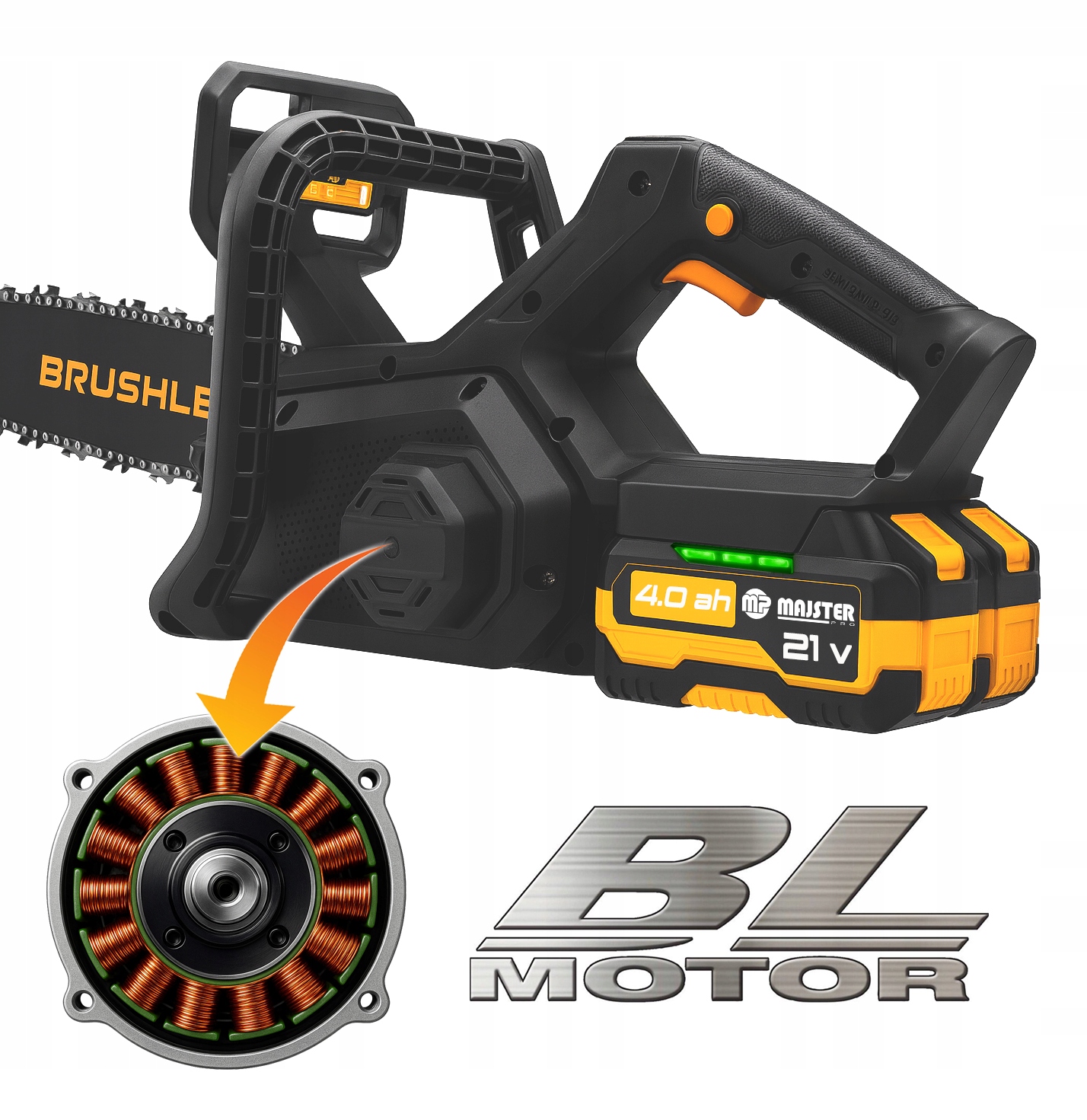 Silnik bezszczotkowy: Podkreślony jako BL MOTOR i BRUSHLESS, z dodatkowym zbliżeniem na jego wewnętrzną budowę z uzwojeniem miedzianym. 