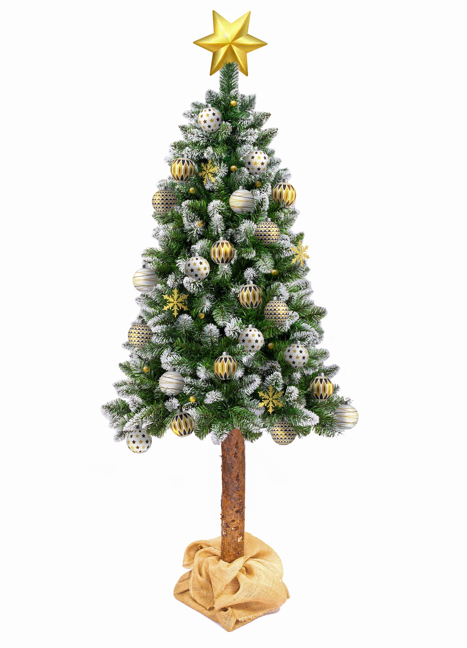 Sztuczna choinka, stylizowana na sosnę, z naturalnym pniem o wysokości 220 cm. Gałązki choinki pokryte sztucznym śniegiem i błyszczącymi drobinkami, imitującymi diamenty - ujęcie nr 2