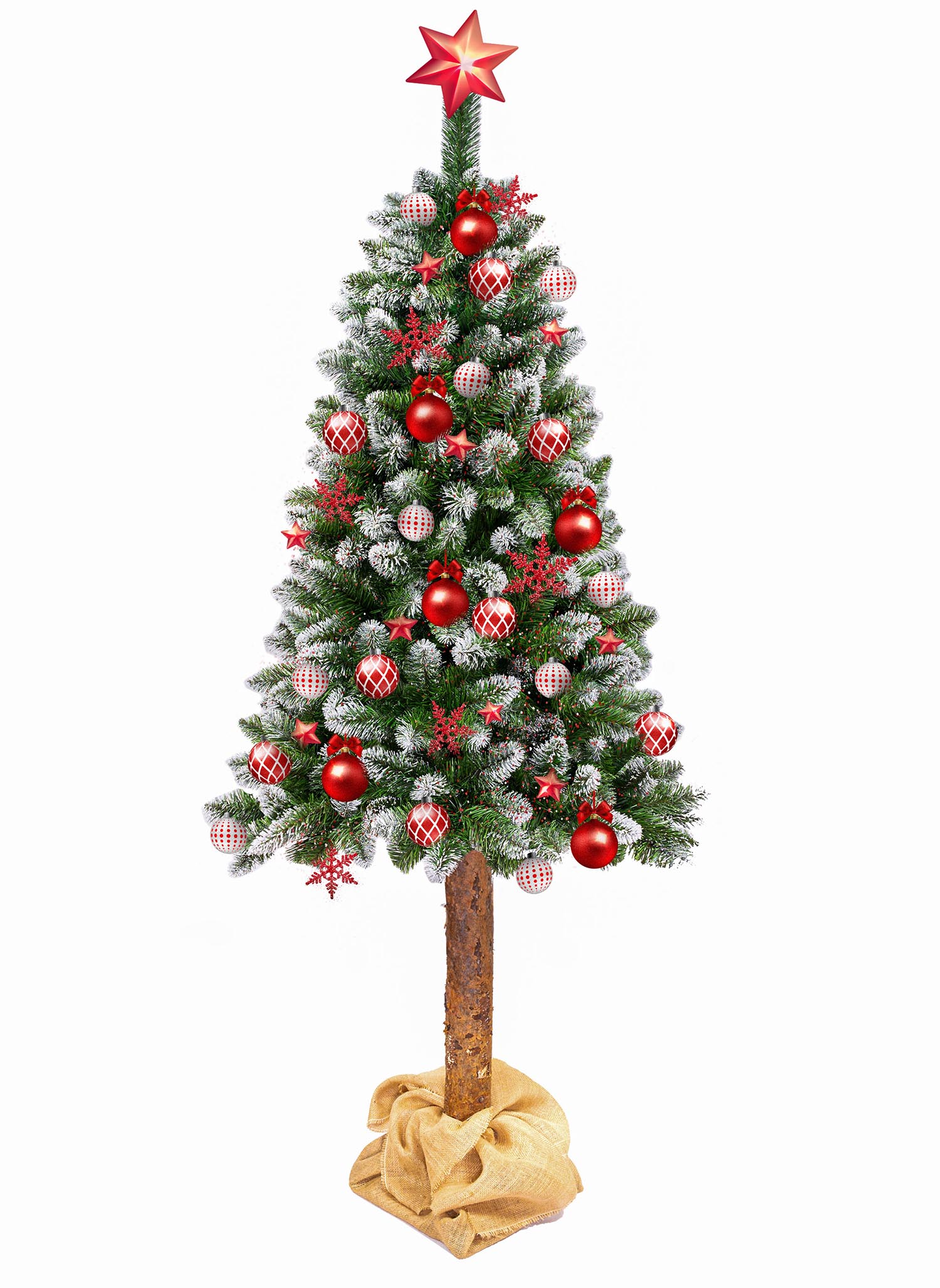 Sztuczna choinka, stylizowana na sosnę, z naturalnym pniem o wysokości 220 cm. Gałązki choinki pokryte sztucznym śniegiem i błyszczącymi drobinkami, imitującymi diamenty - ujęcie nr 3