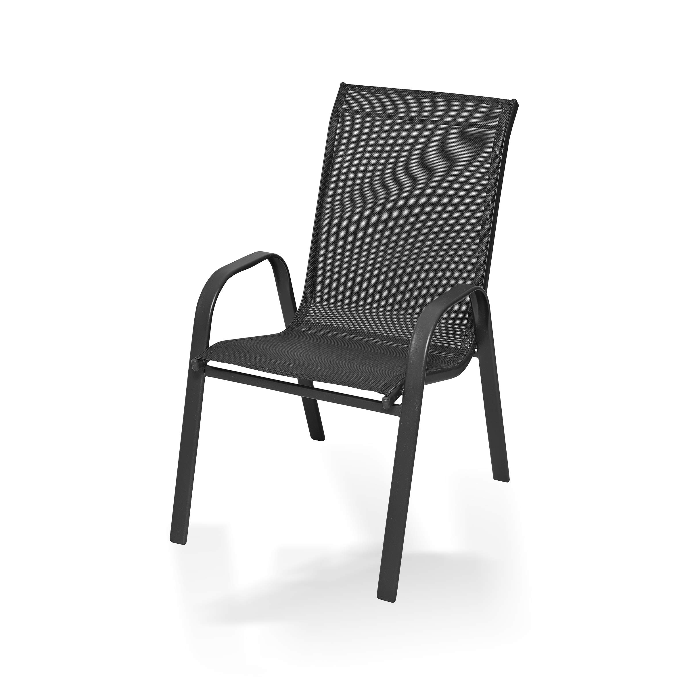 Czarne krzesło ogrodowe, posiada metalową ramę w czarnym kolorze oraz siedzisko i oparcie wykonane z siatkowego materiału, zapewniającego elastyczność i komfort -  ujęcie nr 1 