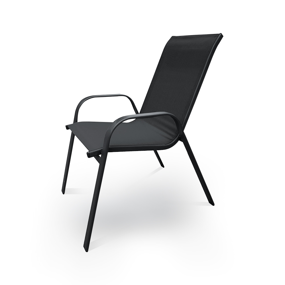 Czarne krzesło ogrodowe, posiada metalową ramę w czarnym kolorze oraz siedzisko i oparcie wykonane z siatkowego materiału, zapewniającego elastyczność i komfort -  ujęcie nr 2