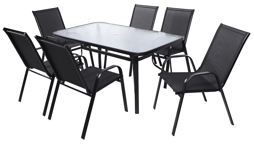 Zestaw mebli ogrodowych Bistro. Stół i 6 krzeseł na białym tle. 