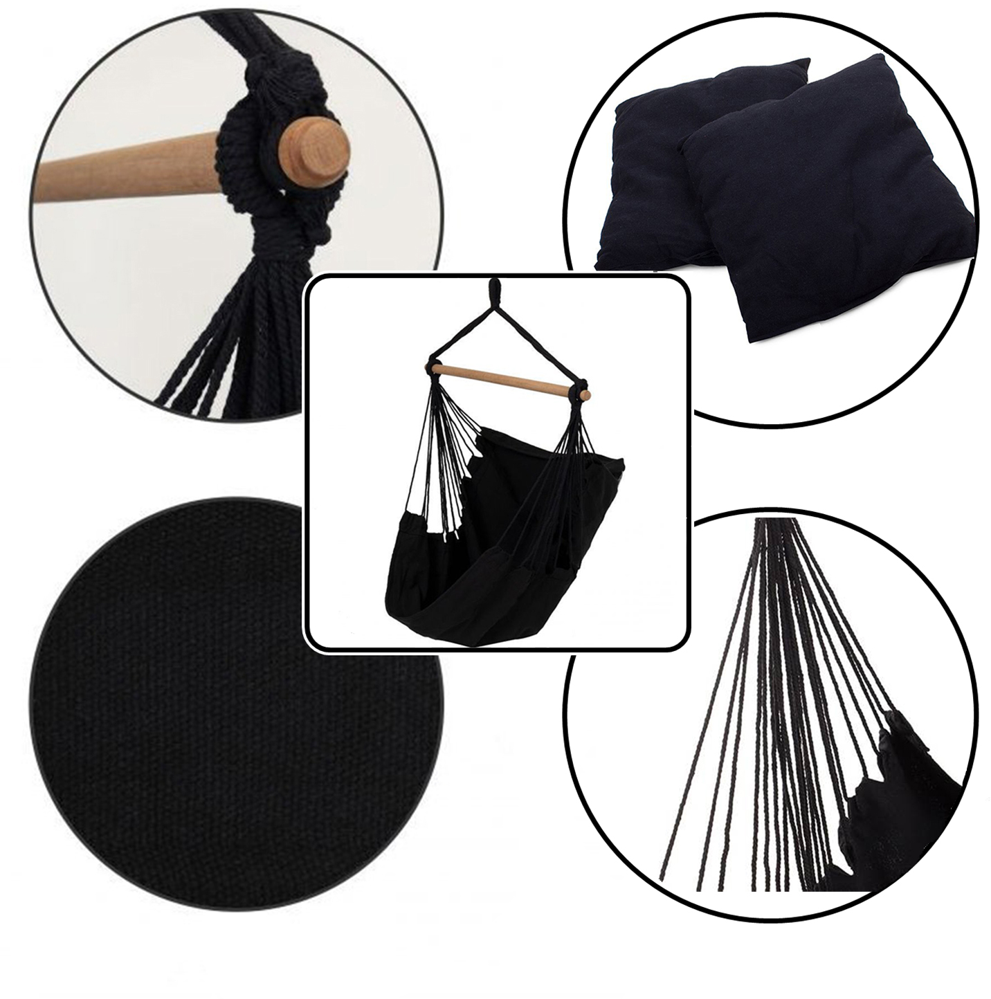 Sznurowane mocowania służące do podtrzymywania materiału krzesła brazylijskiego i zawieszania go na stelażu, drzewie lub innym stabilnym punkcie.