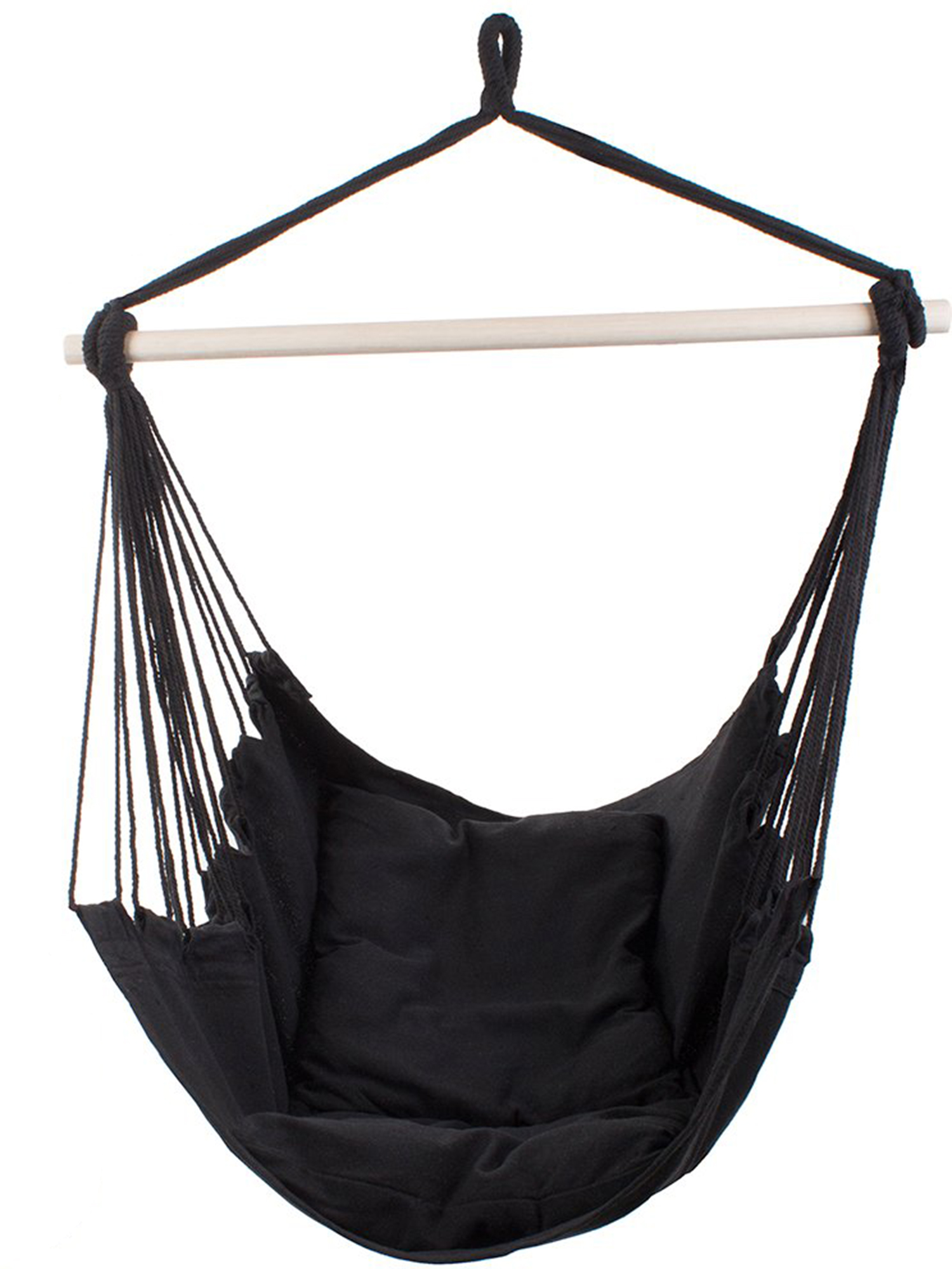 Wykonany z wytrzymałej czarnej tkaniny, która tworzy wygodne siedzisko, poprzeczny drążek wykonany z drewna, utrzymuje materiał w odpowiednim kształcie i szerokości, zapobiegając jego zwijaniu i ułatwiając korzystanie z fotela.