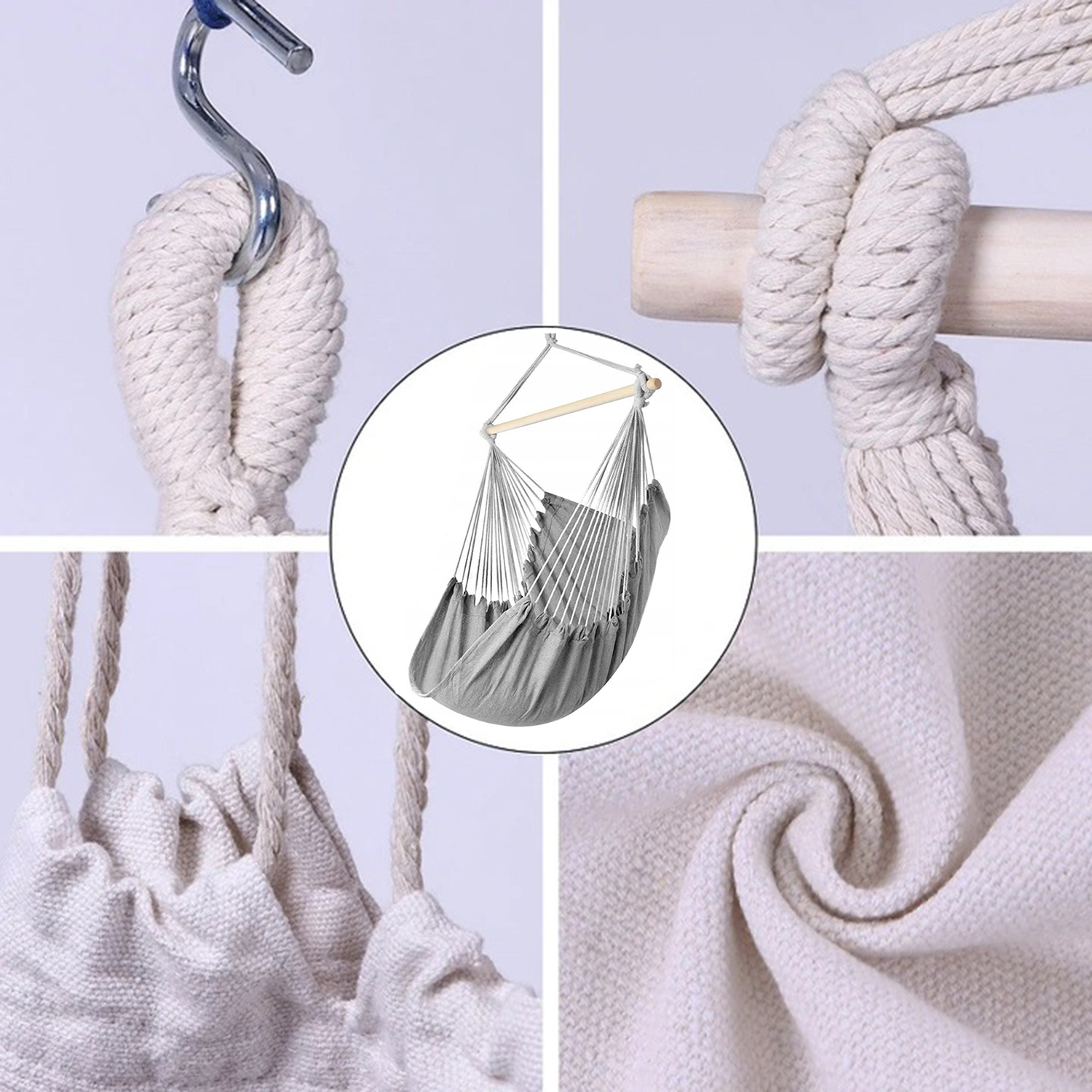 Sznurowane mocowania służące do podtrzymywania materiału krzesła brazylijskiego i zawieszania go na stelażu, drzewie lub innym stabilnym punkcie.